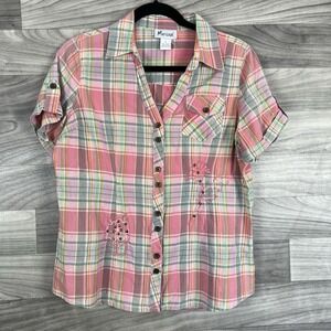 MAEVE Anthropologie Marisol Shirt L (M) Pink Plaid Short Sleeve Button Up Y2K